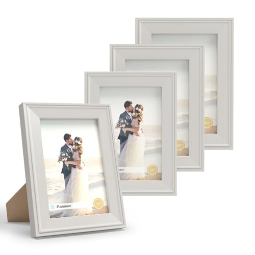 Image of iRahmen 5x7 Picture Frame Set of 4, Cream Rustic Retro Photo Frame with Real Glass, 5 x 7 Picture Frames for Wall Mount and Tabletop Display
