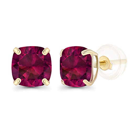 Solid 14K Yellow Gold 6Mm Cushion Created Red Ruby July Birthstone Stud Earrings For Women And Girls #TOP13