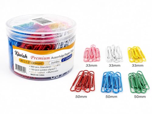 Kavish 540 Count Jar Assorted Paper Clips, Colorful Vinyl Coated #1 & Jumbo Sizes (1.3"/33mm & 2"/50mm), Heavy Duty Large & Medium Paperclips, Rainbow Pack for Office, School & Home by Kavish - Used condition - Image 2