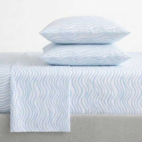 Image of Nautica - Sheet Set, Breathable & Cooling Microfiber Bedding with Matching Pillowcase, Deep Pocket, Fully Elasticized (Linearly Waves Ocean Breeze Blue, Twin)