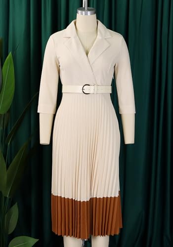 HuiSiFang Women's Long Sleeve Blazer Dress Elegant Dressy Lapel Pleated Midi Dress with Belt3