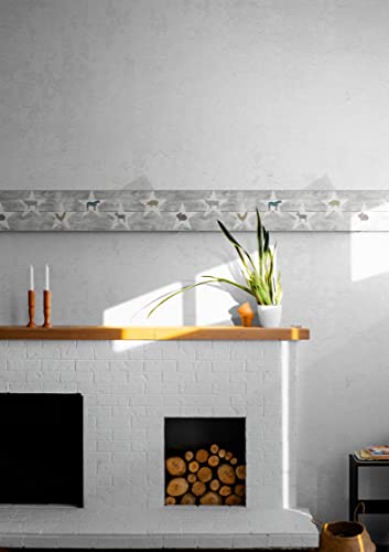 Grace & Gardenia Gb4032 Farmhouse Colorful Animals Distressed Wood Peel And Stick Wallpaper Border 10In Height X 15Ft Soft Gray Neutral Off White Blue Brown Designs #TOP3