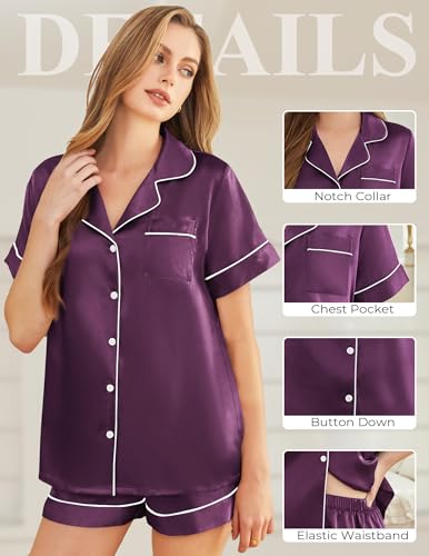 Image of Silk Pajamas for Women Short Sleeve Sleepwear Soft Button Down Loungewear 2 Piece Satin Pjs Shorts Set S-XXL