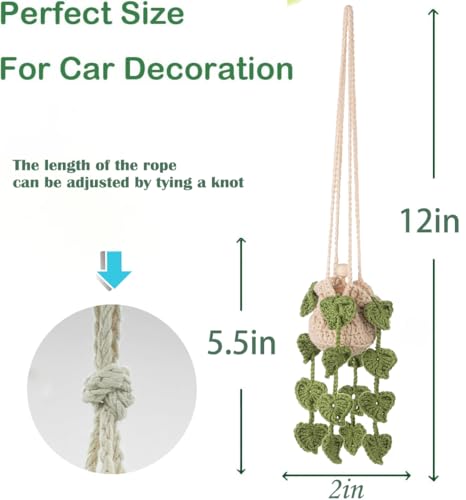 Image of Crochet Hanging Plant Car Air Freshener,10ml Empty Refillable Car Diffuser Bottle with Potted Plants Car Mirror Hanging Accessories Car Air Hanging Fragrance Oil Diffuser (Leaves)