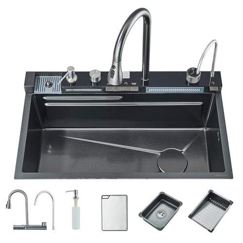 Cesinkin Évier de Cuisine Multifonction avec Haute Pression Robinet Cuisine Bec Extractible et 4 Modes de Pulvérisation Acier Inoxydable Gris Canon 75 * 45 * 21 Evier 1 Bac