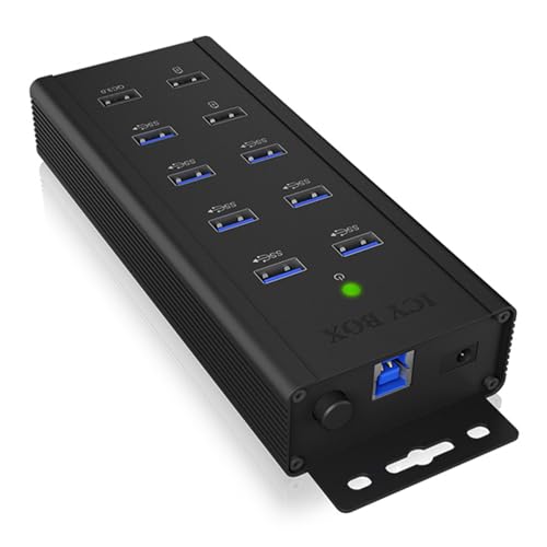 ICY BOX Hub 7 Ports USB 3.0 actif avec alimentation (12V/5A), 3 Ports de charge, Montage mural, Quick Charge 3.0, Aluminium, Noir, IB-HUB1703-QC3