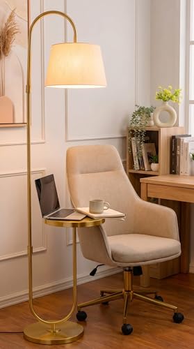 Image of Deco Crush Modern Table Shelf LED Floor Lamp Standing Brass Antique Gold Finish 5ft Height with Shelf Diameter 12inches Home Decoration, Living Room and Beige Lampshade (Pack of 1)