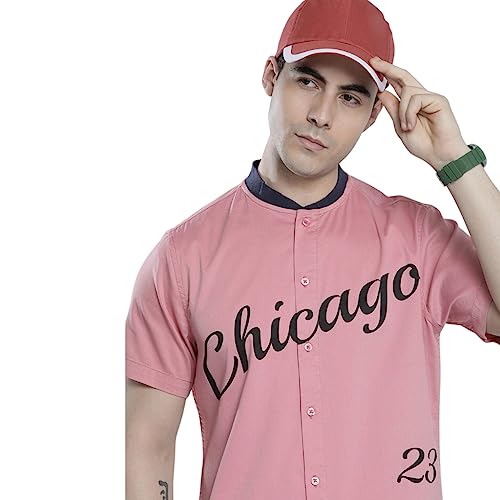 Image of The Indian Garage Co Men Cotton Regular Fit Placement Print Half Sleeves Baseball Collar Casual Shirt