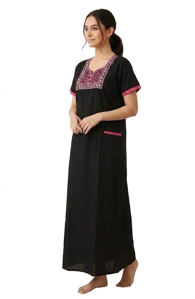 Women's Nighty Cotton Nighty,Black with Embroidered Neckline, Short Sleeve Night Dress-picture-44