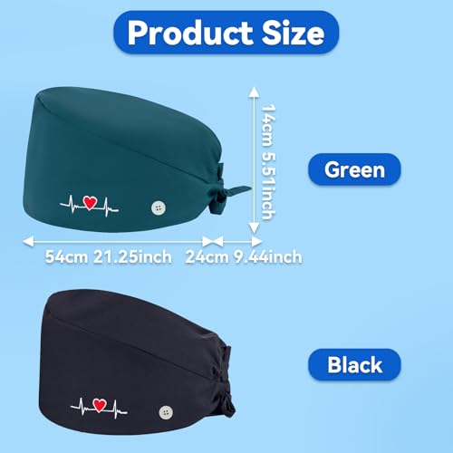 yolzhxe 2 Stück Op Haube Stoff, Krankenschwester Kappe Verstellbar mit Knopf Unisex, Arbeitskappe mit Schweißband für Ärzten, Krankenschwestern, Zahnärzten, Medizinischem Personal (Grün, Schwarz)