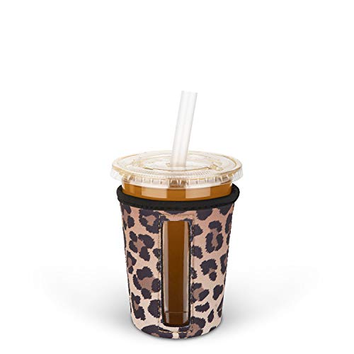 MEETI Reusable Iced Coffee Cup Insulator Sleeve for Cold Beverages, Neoprene Cup Holder Compatible with Starbucks, McDonald's Coffee, Dunkin Donuts, Tim Hortons and More, Small, Leopard