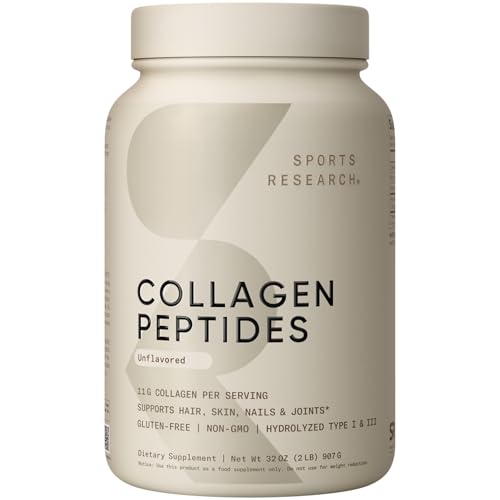 Sports Research Collagen Peptides - Hydrolyzed Type 1 & 3 Collagen Powder Protein Supplement for...