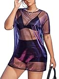 SHENHE Women's Plus Size Sexy See Through Mesh Short Sleeve Party Night Loose Tshirt Dress Purple 0XL