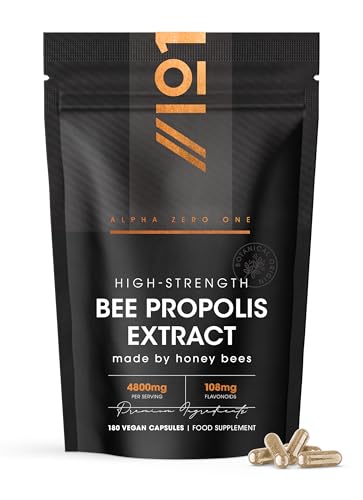 Bee Propolis Extract 4800mg Standardised 108mg Flavonoids 180 Vegan Capsules High Strength Propolis Supplement - Resealable and Recyclable Pouch by Alpha01
