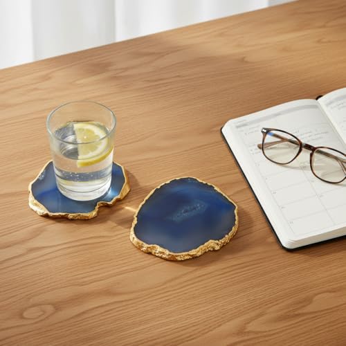 Image of Brazilian Blue Agate Stone Coaster Set of 2, Beautiful Handmade Coasters Fit for Tea Cups, Coffee Mugs and Glasses, Table Accessories and Premium Tableware Decor for Home and Office