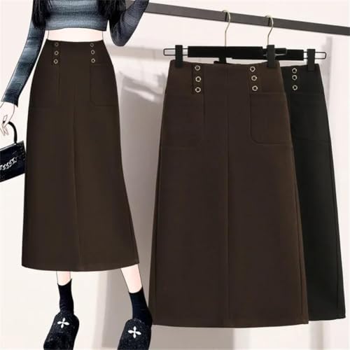 Women's Solid Color Button-Down High Waist Medium Length Straight Slim Fit Plus Size Woolen Skirt2