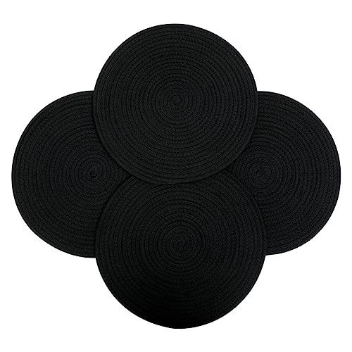 WENFOME Juego de 4 manteles Individuales Redondos, de 13,8 Pulgadas, con Cuerda de algodón Trenzada, Color Negro