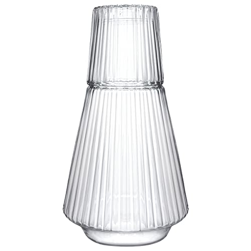 Sizikato 30 Oz Classic Striped Clear Glass Bedside Night Water Carafe with Tumbler Glass.