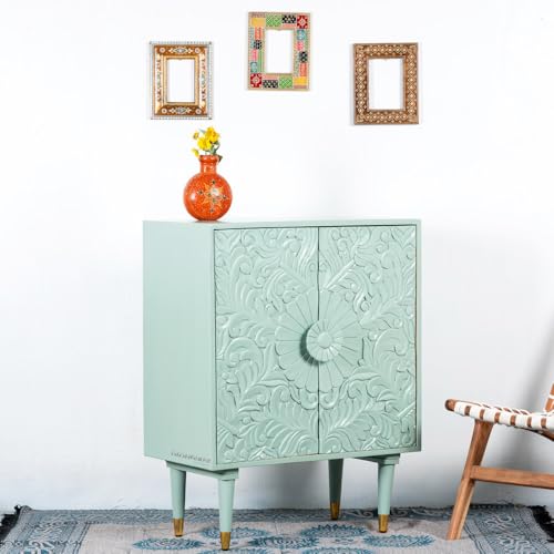 Image of Aerka Wooden Sideboard Cabinet for Living Room | Handcrafted Wooden Cabinet for Storage with Carved Doors | Cabinet for Home | Wooden Storage Furniture for Home | Light Green