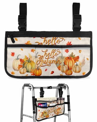 Anzona Hello Autumn Wheelchair Side Bag Walker Bag, Rustic Fall Pumpkin Maple Leaves Wheelchair Accessories Armrest Pouch, Organizer Storage Bag for Walkers, Rollators, Scooters, 7.3''x13''