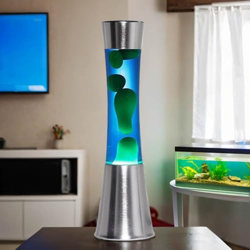 Licht-Erlebnisse Lava Lampe Blau Grün, Lavalampe Retro, 39,5 cm, Partykeller, Geschenkidee Weihnachten, G9 30 W mit Kabelschalter, inklusive Leuchtmittel, Vulkan Lampe