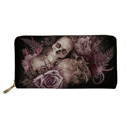 TOADDMOS Damen-Portemonnaie mit Sternenmotiv, PU-Leder, mit Reißverschluss, Violett / Blau, Totenkopf Floral (Schwarz) - TOADDMOS Cover