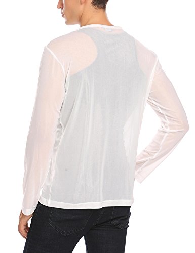 Jinidu Men's Sexy Underwear T-Shirt Long Sleeve Mesh Sheer Top Undershirt Nightwear White #TOP4
