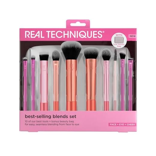 Real Techniques Blends Set, 10-Piece Makeup Brush Collection with Beauty Bag for Face and Eye, Use with Liquid, Cream, or Powder, Vegan, Cruelty-Free, Travel-Friendly, Easy to Clean
