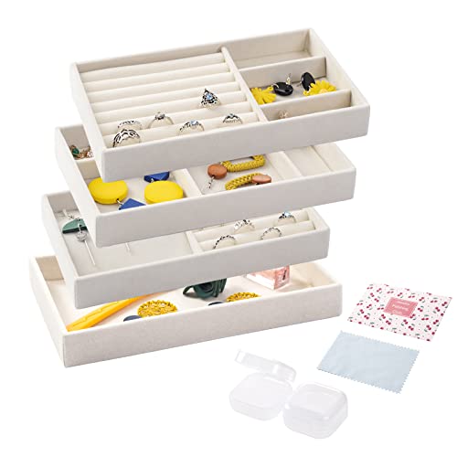 Rangement Bijoux Organisateur, Bijoux Tiroir Lot de 4 Plateau Support Dressing pour Boucles d'oreilles, Colliers, Bracelet Beige organisateur bijoux-Beige Cover