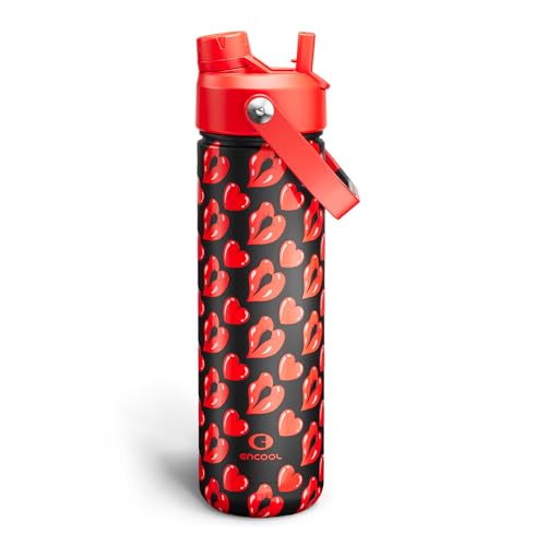 Image of ENCOOL Insulated Water Bottle with Straw Stainless Steel Water Bottle, Leak-Proof, BPA-Free, Keeps Cold for 24 Hours for Sports, Travel, School (26 oz, Kiss Love Red x Black)