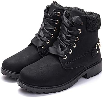 NEOKER Ankle Boots Women Fur Lined Snow Shoes Ladies Combat Boot Winter Warm Lace Up Outdoor Plat Boots Black 42 EU (7.5UK)