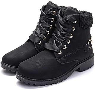 NEOKER Ankle Boots Women Fur Lined Snow Shoes Ladies Combat Boot Winter Warm Lace Up Outdoor Plat Boots Black 42 EU (7.5UK)