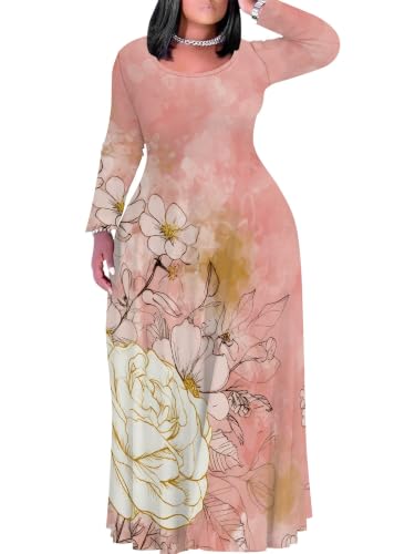 Image of Womens Plus Size Maxi Dress Long Sleeve Round Neck Casual Long Dress
