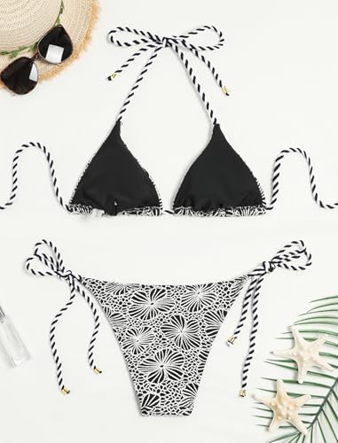 Image of ZAFUL 2 Piece Triangle Bikini for Women Knitted Rope Halter Bikini Sets Sexy Bathing Suit Side Tie Swimsuits Beachwear