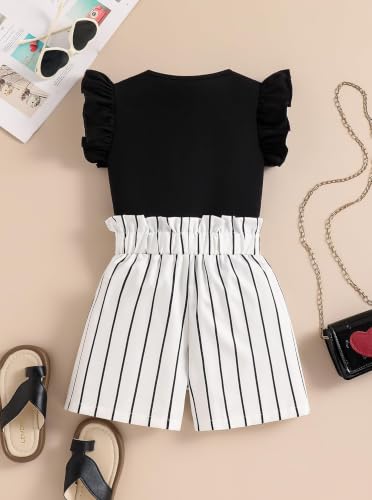 Image of Girls 2 Piece Outfits Summer Ruffle Sleeve Top and High Waisted Striped Shorts Set for Girls 7-14