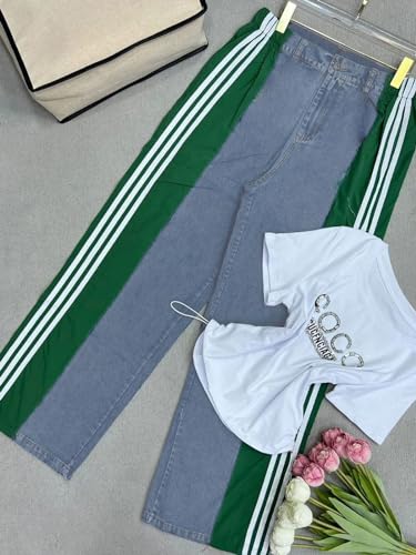 Angsuttc Wide Leg Denim Pants High Waist Patchwork Stripes Loose Jeans Colorblock Straight Leg Pant Green L thumb #5