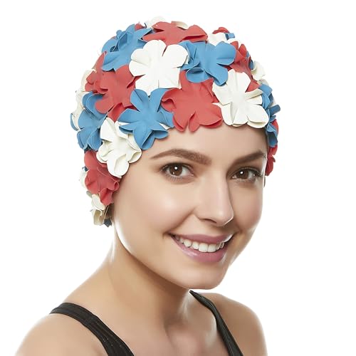Latex Swim Cap - Women Stylish Swimming Cap Great for Ladies, Perfect to Keep Hair Dry - Suitable for Long Hair - Floral Petal Vintage Style - red/blu/White