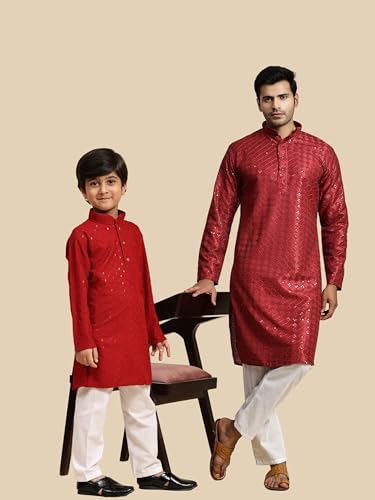 Image of Pro-Ethic Style Developer Men Silk Striped Father Son Matching Ethnic Wear Embroidery Mirror Work Kurta Pyjama Set |(Combo)B-117