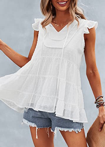 Prettygarden Women's Casual Chiffon Blouses Summer Cap Sleeve V Neck Swiss Dot Ruffle Babydoll Shirts Flowy Tunic Tops(White,Medium) #TOP1