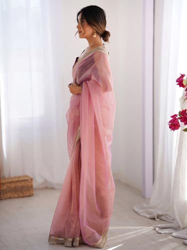 Image of AKHILAM Women's Shimmer Net Solid Saree With Unstitched Blouse Piece