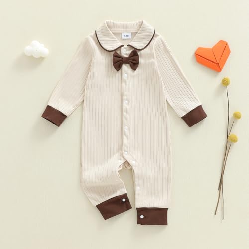 fhutpw Baby Boy Clothes Button Down One-Piece Romper Infant Gentleman Jumpsuit Fall Winter Outfits 3 6 12 Months Bodysuit (Beige, 6-12 Months) — view 2