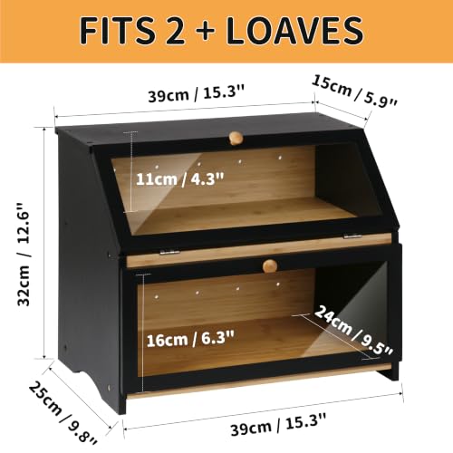 Foto von Bambus Brotkasten 2 Etagen Brotbox Sichtfenster modern 39x25x32cm schwarz