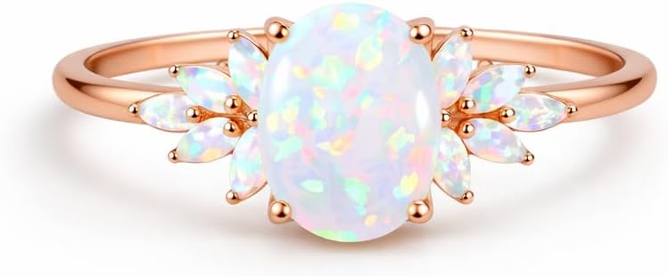 Oval Opal Engagement Ring in 14k Rose Gold Floral Opal Solitaire Ring with Side Stones Vintage Inspired Promise Ring October Birthstone Jewelry for Her