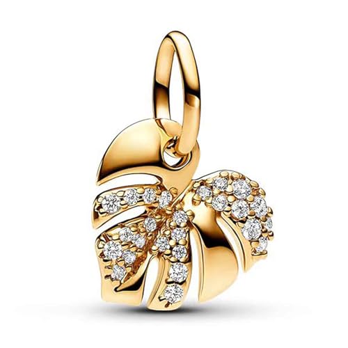 Image of Golden Leaf Charms 925 Sterling Silver for Bracelets and Necklaces Pendant Dangle Beads Mother's Day Birthday Christmas Jewelry Gift for Women