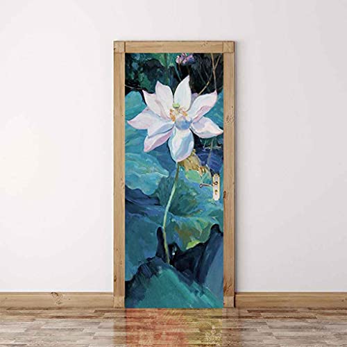 Kfeoea Door Stickers For Kids Room, Interior Doors Wall Art Murals Home Decoration 34.6"X78.7" 3D Pond Lotus Leaf Landscape Self Adhesive Vinyl Art Stickers Baby Boys Girls Bedrooms Bathroom Toilet #TOP2