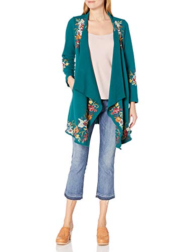 JWLA By Johnny Was Women's Cotton Draped Cardigan with Embroidery, Peacock, XS
