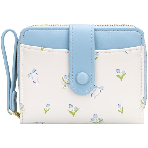 Image of BIAOTIE Wallet for Women Cute Floral Flower Wallet RFID Credit Card Holder Purse Small Bifold Zipper Coin Pocket Purse with ID Windows (T- Blue)