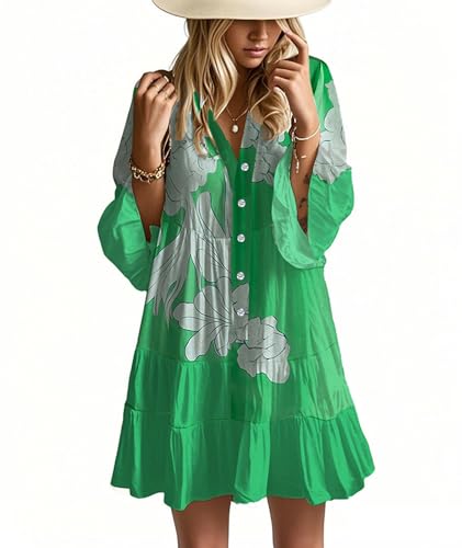 Image of Opemiby Summer Dresses for Women 2026 Flowy Ruffle 3 /4 Sleeve V Neck Tiered Casual Babydoll Boho Beach Mini Dress