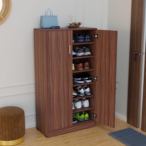 Image of FURNIFLIX Engineered Wood 7 Shelves Shoe Rack for Living Room Office Home Hall Wooden Shoe Cabinet Furniture - Walnut Finish