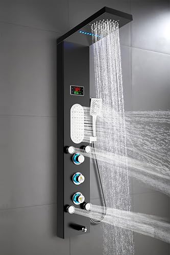 Image of ELLO&ALLO LED Shower Panel Tower System, Rainfall and Mist Shower Head Rain Massage with Body Jets, Brushed Black